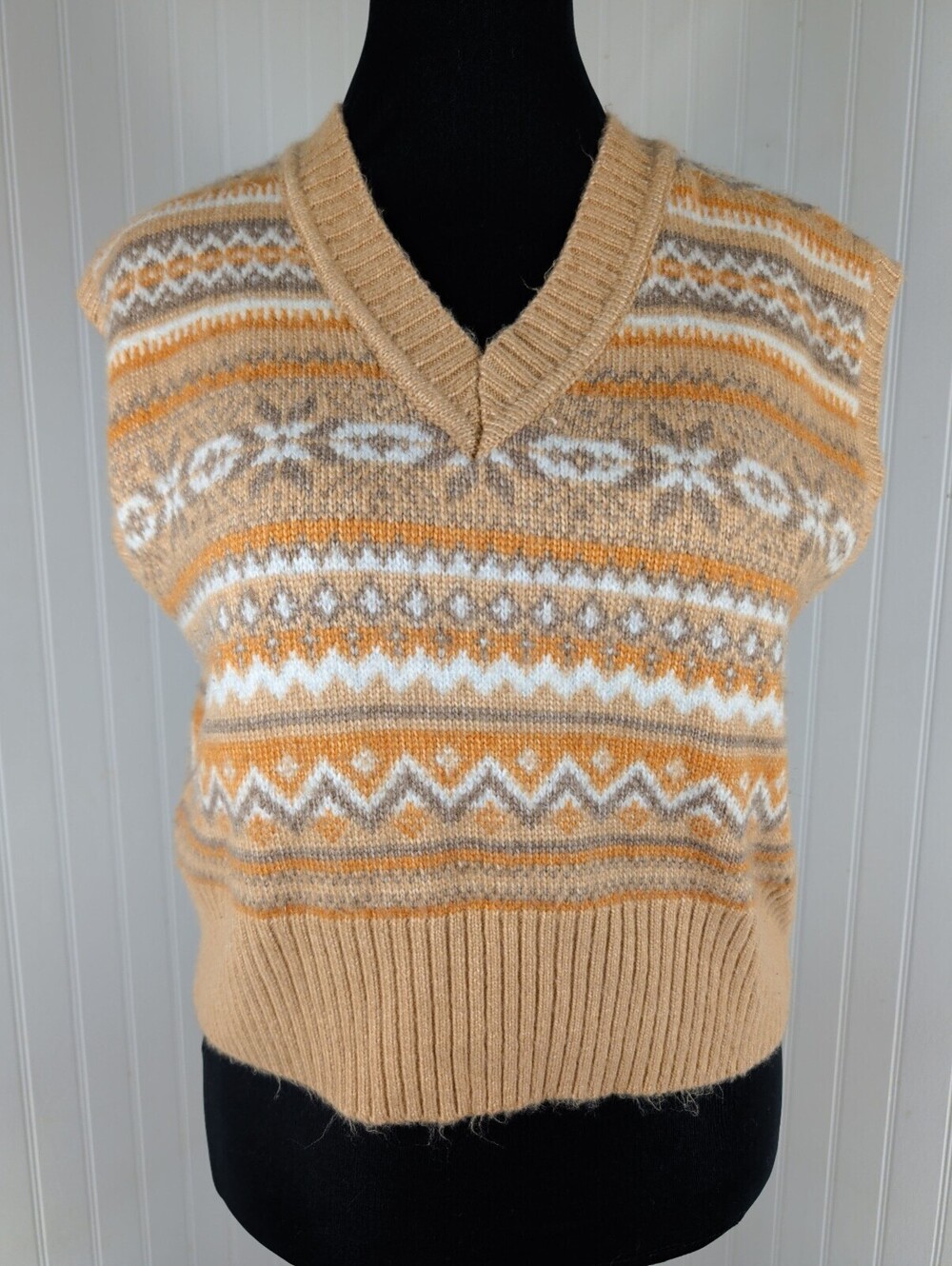 Jessica Simpson Fair Isle Knit Sweater Vest Tan Orange Boho L